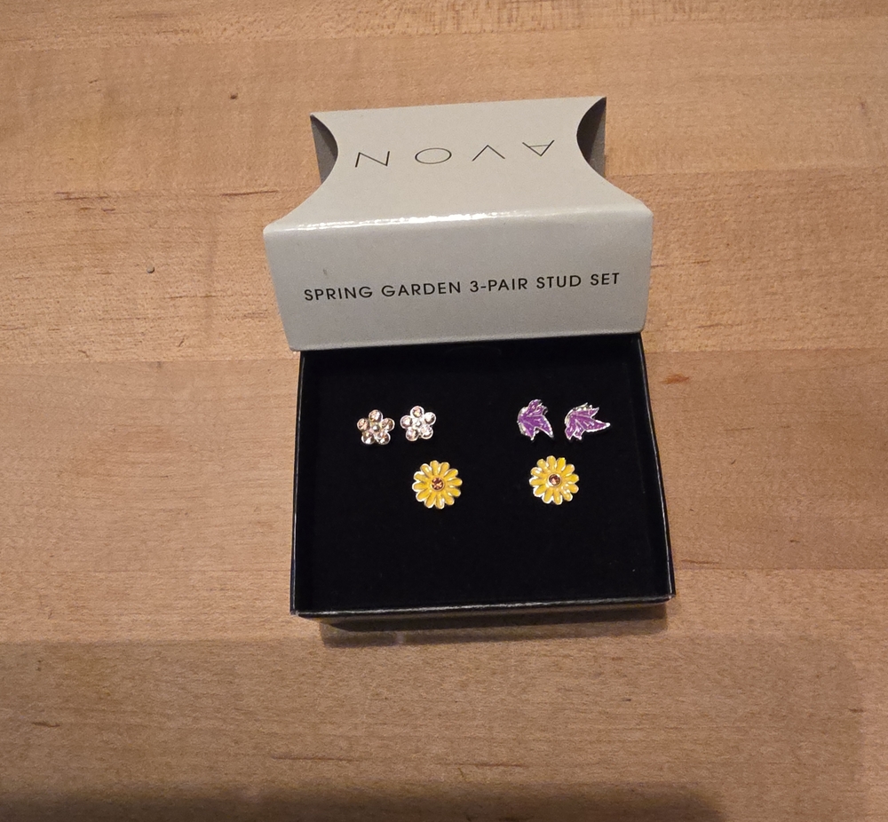 Avon Floral 3-Pair Stud Earring Set in Yellow, Purple & Silver